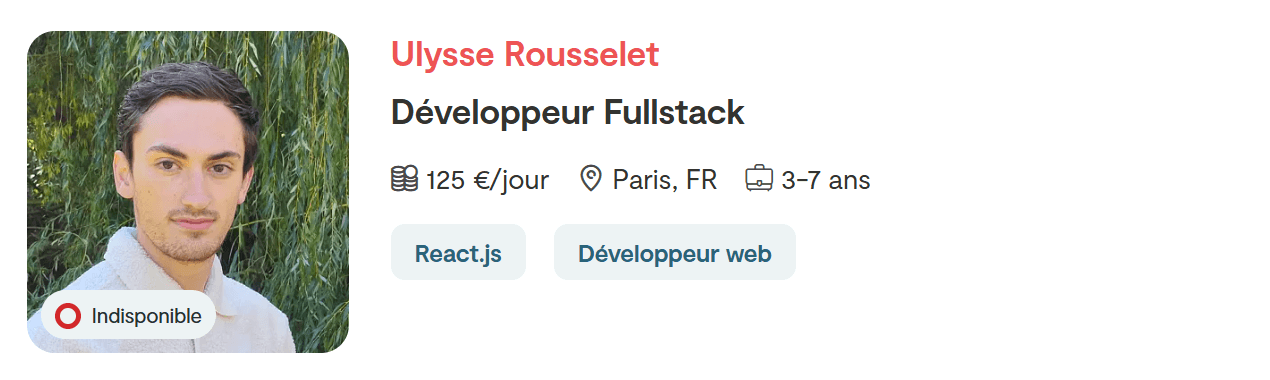 Profil Malt avant : « Développeur Fullstack », 125 €/jour, indisponible, aucun projet ni avis, 2 compétences.
